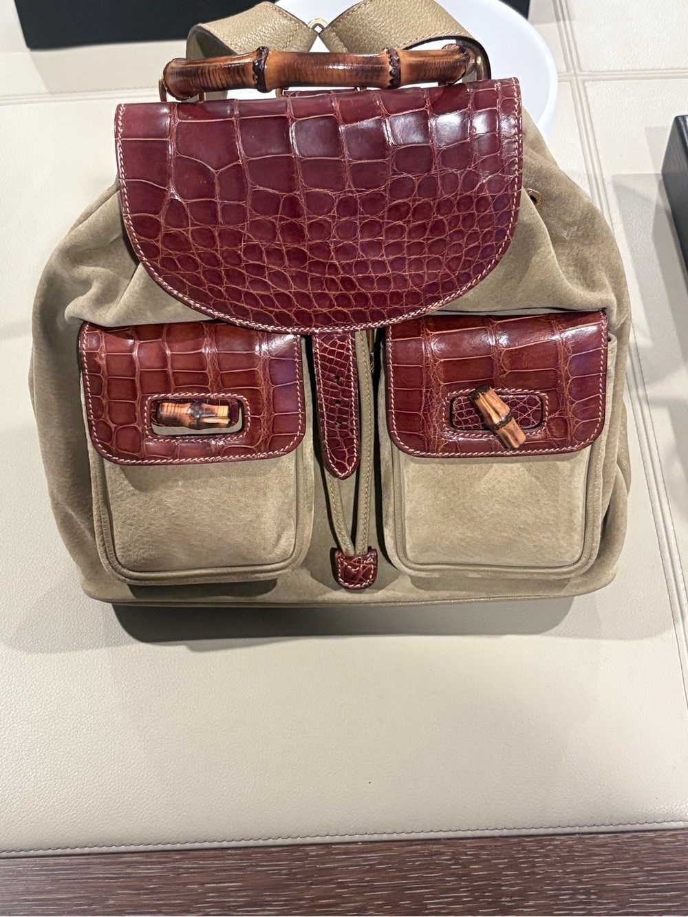 Vintage Gucci Brown Croc-Embossed Leather Accent Backpack with Bamboo Details